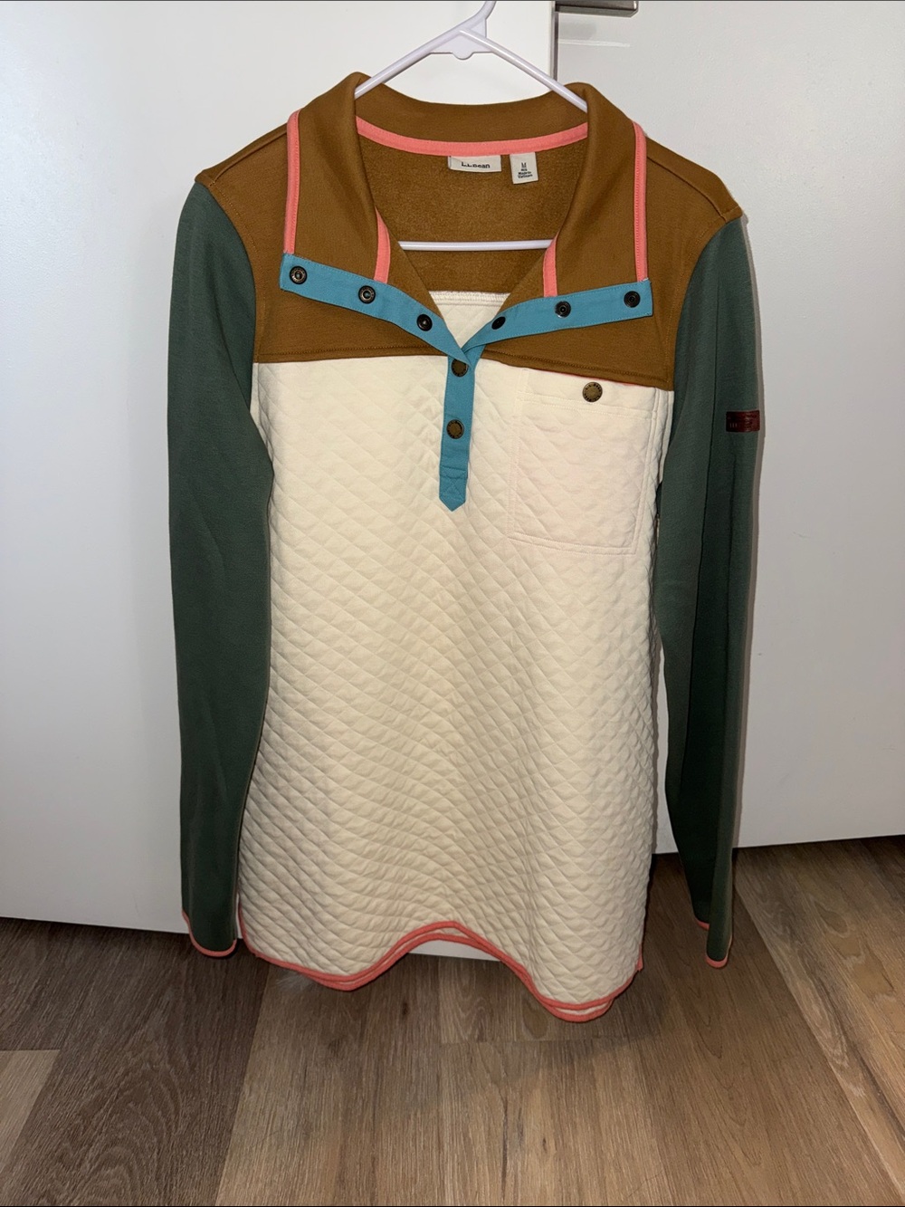 L.L. Bean Quilted Colorblock Pullover Sweatshirt - Cream, Olive & Brown